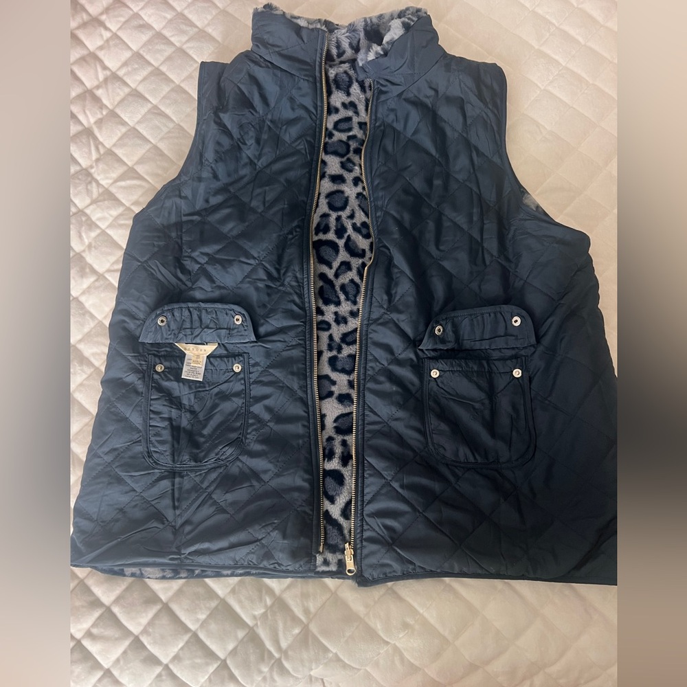 Quilted Navy Vest with Leopard plush soft  Lining Reversible 3x by Reborn